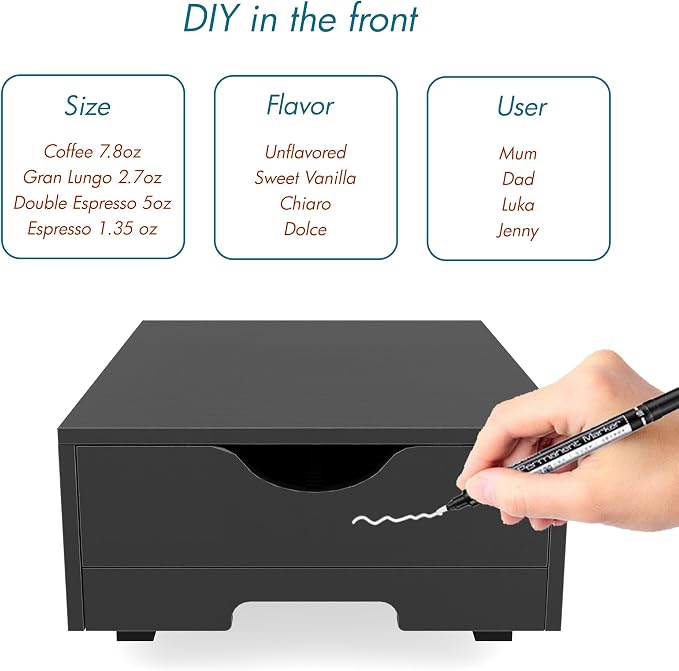 Suli Coffee Pod Drawer Organizer Compatible with Nespresso Vertuo Capsules | Wood Coffee Pod Holder for Countertop with Smooth Pull-Out,52 Small or 40 Large Capsules,Fits Under Coffee Maker,Black