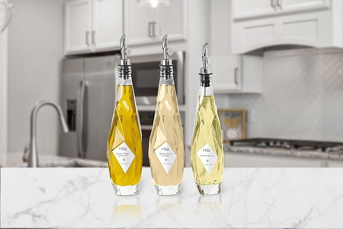 FYGO Diamond Lux Olive Oil Bottle Dispenser - Olive Oil Container- Oil and Vinegar Dispenser Set with Pourer and Funnel - Bottle for Kitchen - 350ml - Set of 2