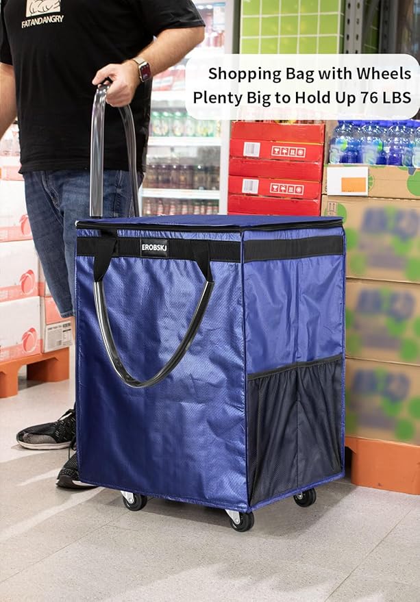 (Medium, Navy) Reusable Grocery Bag on Wheels, 70L Foldable Rolling Tote, Carries Up to 66 lbs Shopping Trolley, Zipper Clouser Shopping Carts for Trips, Laundry, 4 Heavy Duty Wheels and 3 Handles | Bag on Wheels, Foldable