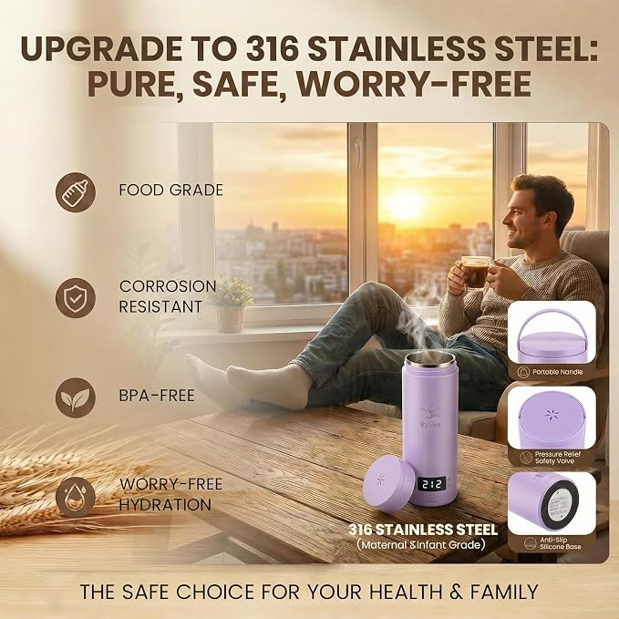Portable Kettle (120V), Travel Kettle for Business Trips, 316-Grade Stainless Steel, 4 Temperature Settings, with Auto-Shutoff (Purple, 9.05 * 3.15)