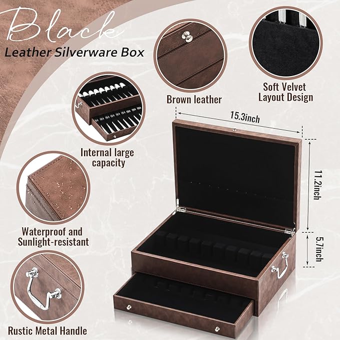 DoubleFill 2 Layer Leather Silverware Storage Box with Lid and Handles, Anti Tarnish Silverware Storage Chest Case with Felt-lined for 12-16 or More Sets of Utensils Flatware Gifts, 15.3x11.2x5.7 Inch
