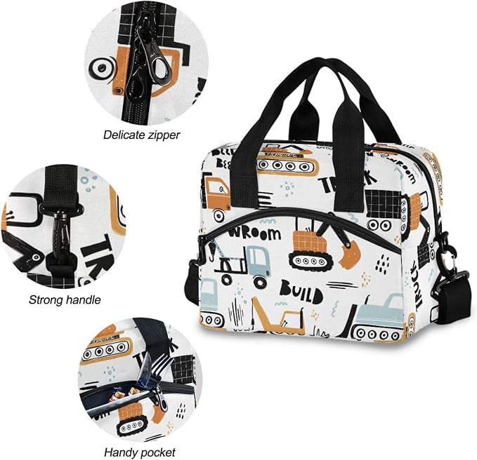 OREZI Reusable Lunch Bag for Girls Boys Women Men,Funny Construction Transport Car Lunch Box Container with Detachable Shoulder Strap,Insulated Lunch Coolers for School Office