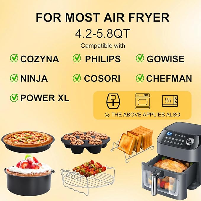 Air Fryer Accessories Kit - 12pcs Universal for 4, 4.2, 5, 5.5, 5.8 QT Gowise Cosori Phillips Ninja Cozyna Air Fryer