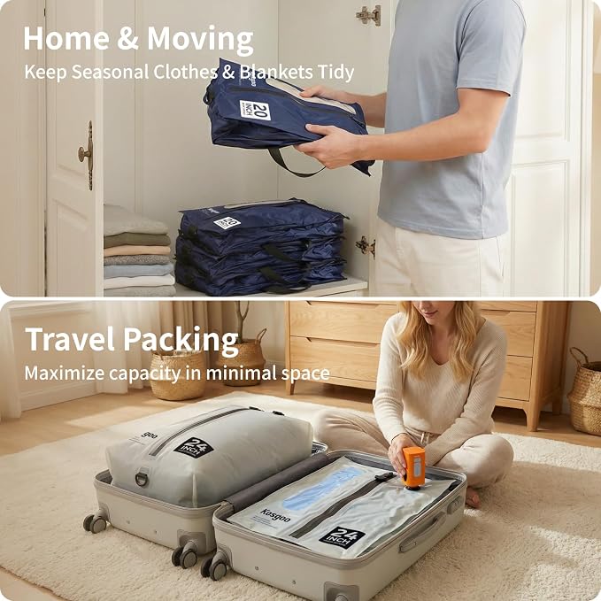 Vacuum Seal Bags for Travel with Pump, Light Grey, 20+20 | Reusable Nylon, Compression Packing Cubes, Odor & Waterproof, Space Saving for Suitcase & Backpack, 2Pcs
