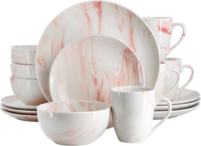 Elama Fine Marble 16 Piece Porcelain Dinnerware Set, Tableware Set, Everyday Dining, Service for 4 (Red)