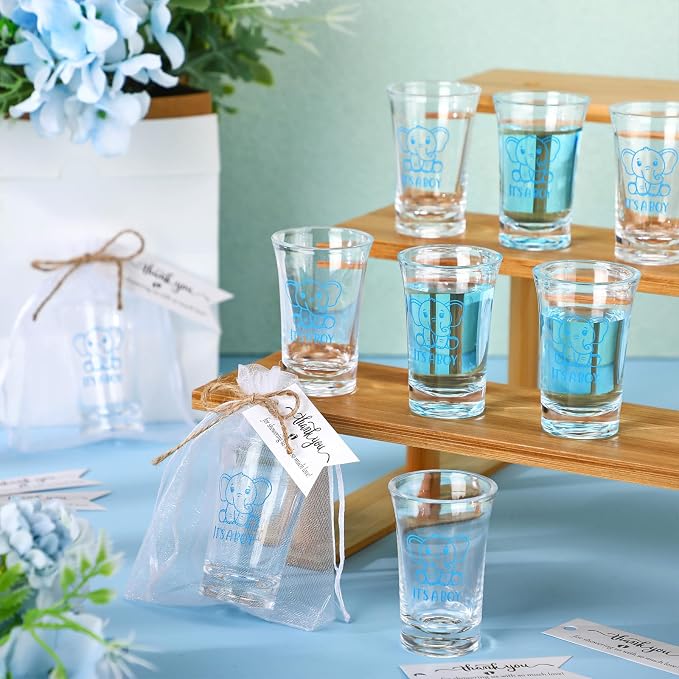 Pickmesh 25 Sets Baby Shower Shot Glasses for Guests Include Acrylic Clear Shot Glasses Thank You Cards Organza Bags Babies Shower Gifts for Gender Reveal Party Supplies (Elephant Boy)
