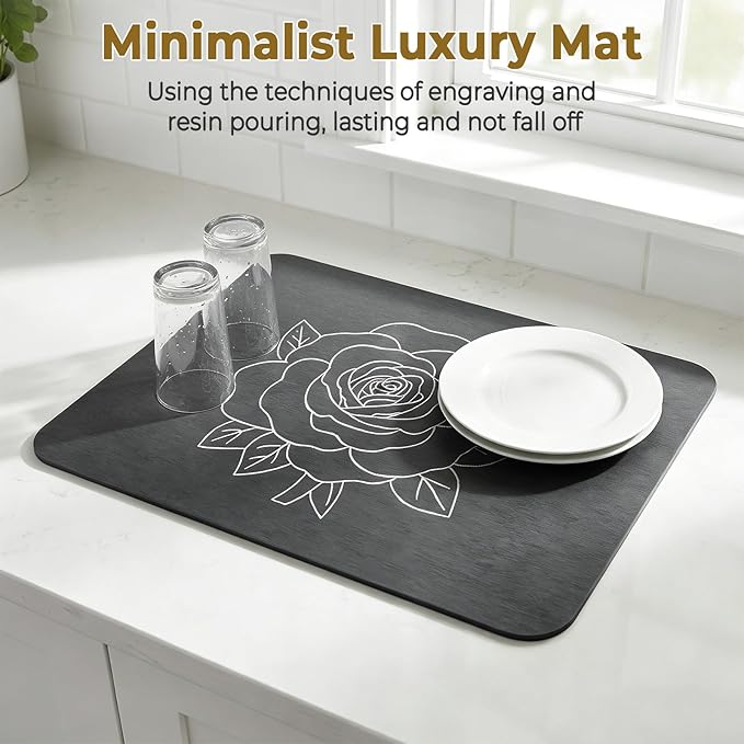 Stone Dish Drying Mat for Kitchen Counter, Glittery Resin Rose Pattern Quick Drying Mat, Water Absorbing Diatomaceous Pad for Plate Bottle Utensil Rack,Space Saving (Silver & Grey 16"×12" & 8"×4")