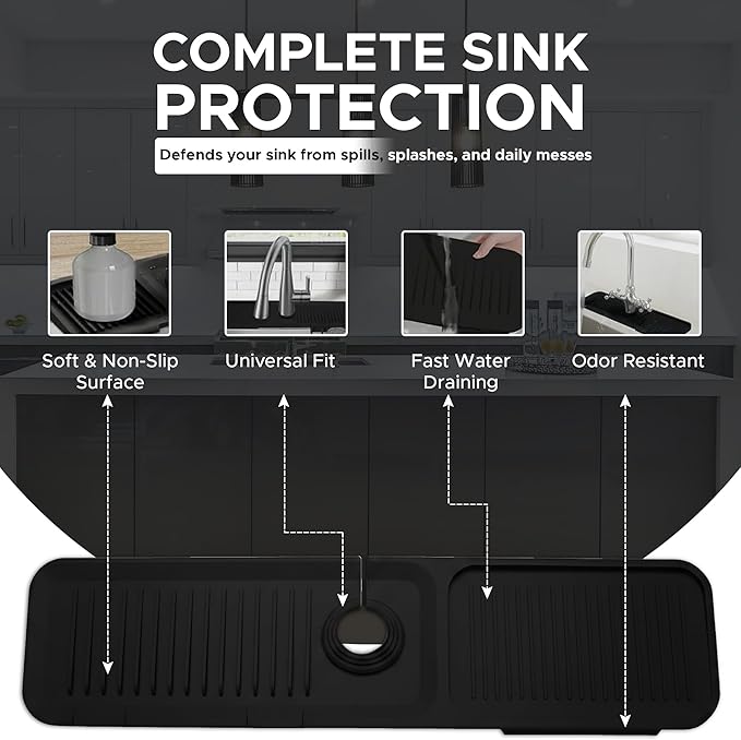 24 Inch Longer Faucet Mat for Kitchen Sink| 5° Slope Fast Self-Draining Sink Splash Guard | Multipurpose Faucet Mat Foldable Durable No Smell | Cut-to-Fit Opening Up to 2.6in | Black
