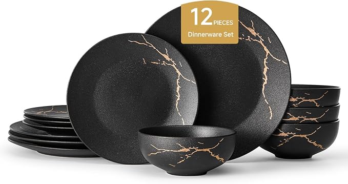 KINGSTONE Dinnerware Sets for 4, Black & Gold Plates and Bowls Sets Matte Vein Dish Set, Modern Luxury Tableware Dinner Salad Plate bowl, for Home Wedding Party Gifts (12 Piece)