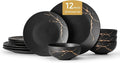 KINGSTONE Dinnerware Sets for 4, Black & Gold Plates and Bowls Sets Matte Vein Dish Set, Modern Luxury Tableware Dinner Salad Plate bowl, for Home Wedding Party Gifts (12 Piece)