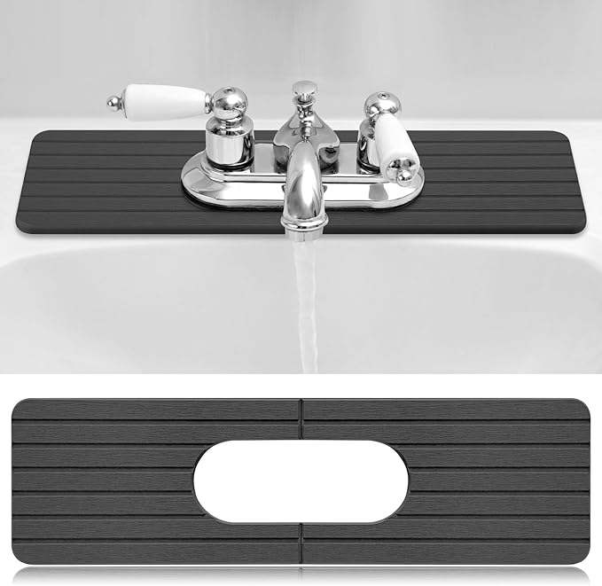 Funnymoom Stone Faucet Mat Sink Splash Guard, 24" Diatomite Quick Drying Stone Faucet Mat, Super Absorbent, Kitchen Sink Oval and Round Splash Tap Pad for Bathroom Counter & Kitchen(Grey)