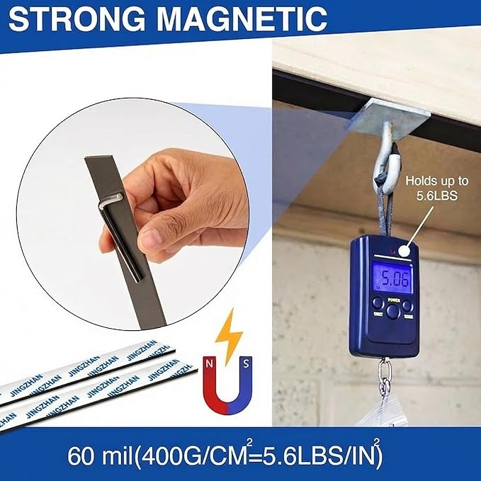 2-Pack Strong Magnetic Tape with Adhesive - Heavy Duty NdFeB Magnetic Strips (12" x 0.8"), Flexible & Cuttable for Tools, Fridge, Whiteboard, Garage Storage