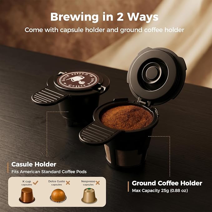 2-in-1 Single Serve Coffee Maker for K Cup Pods & Ground Coffee, 6 to 14 oz Brew Sizes, Compact Small Brewer with Dual Buttons, Adjustable Drip Tray for Travel Mugs, Silver