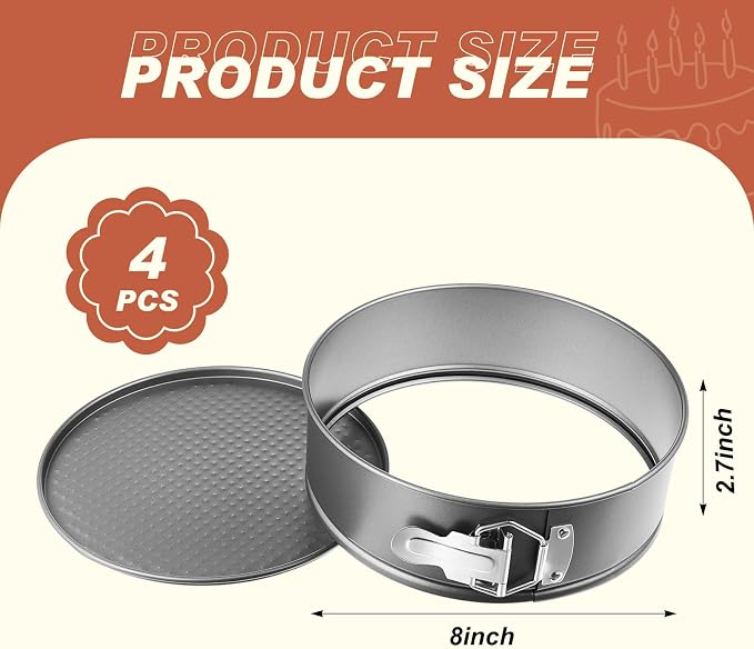 Funnymoom 4 Pcs 8 Inch Non Stick Springform Pan with Removable Bottom Carbon Steel Round Springform Cheesecake Pan with Stainless Steel Spring Buckles for Baking Kitchens Restaurant(Gray)