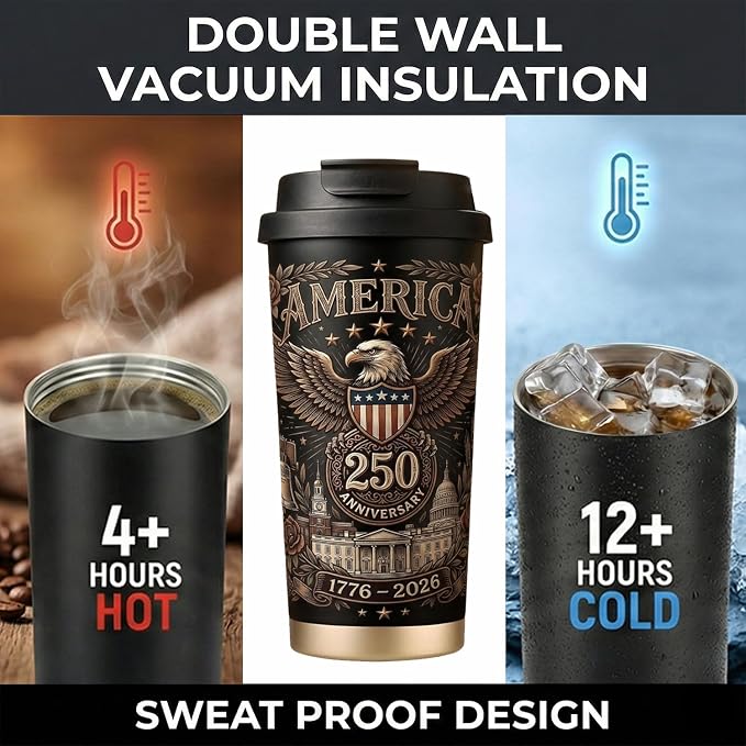250th Anniversary Coffee Mug, 18 oz Insulated Mug, 250 Years America Garden Flag, Vintage Patriotic Design with 1776-2026 Dates, Military Anniversaries, Retirement & Holiday Commemorative Gift, Black