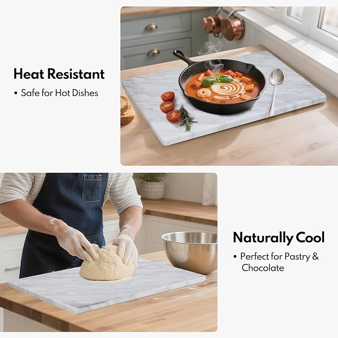 Lovdeco Large Marble Cutting Board 12"x20", 100% Natural Marble, Heavy Duty, Volakas White, Polished Surface for Pastry, Cheese, Serving & Kitchen Countertop – White with Brown Veining