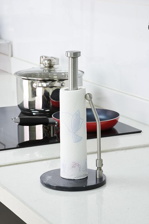Paper Towel Holder with Marble Base – Weighted Countertop Stand, One-Hand Tear, Stainless Steel Rod, Natural Stone Base, Available in Gray & White Marble