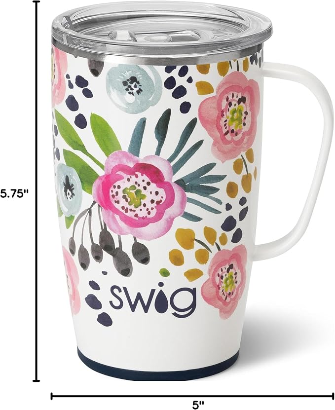 Swig Life 18oz Travel Mug, Insulated Tumbler with Handle and Lid, Cup Holder Friendly, Dishwasher Safe, Stainless Steel, Travel Coffee Cup (Primrose)
