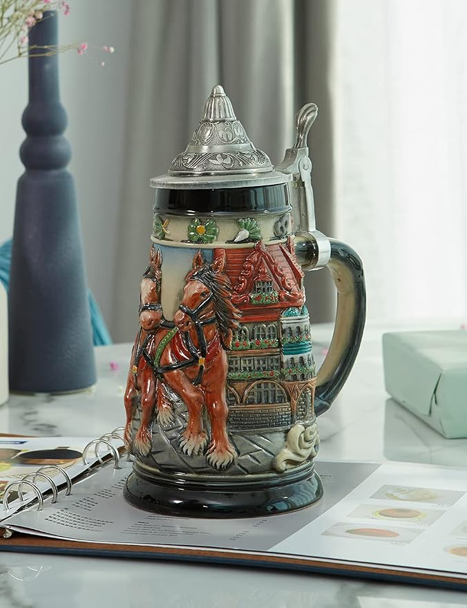 HAUCOZE Beer Stein Mug German Oktoberfest Drinking Viking Tankard with Pewter Lid Birthday Gifts for Men Father Husband 0.9 Liter
