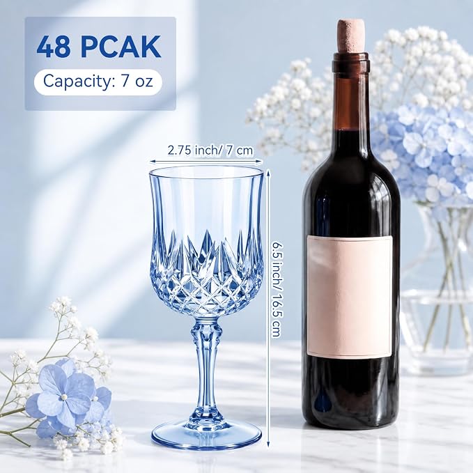 Sliner 96 Pcs 7oz Plastic Vintage Wine Glasses Drinking Goblets Unbreakable Crystal Water Glassware Reusable Diamond Champagne Flutes Cups for Wedding Banquet Birthday Party Supplies (Light Blue)