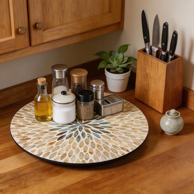 13.4" Mother of Pearl Lazy Susan, Table Centerpiece Round Shell Decorative Lazy Susan Turntable Rotating Tray Organizer for Cabinet Counter Gift Kitchen Office Cafe Home Decor (Beige Blue)