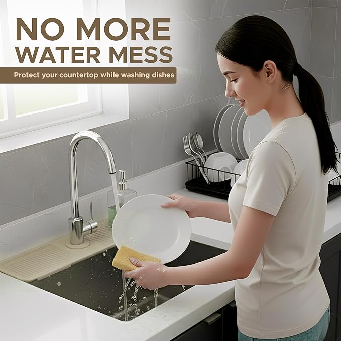 Silicone Faucet Mat for Kitchen Sink 17.7 Inch | 5° Slope Fast Self-Draining Sink Splash Guard | Multipurpose Faucet Mat Foldable Durable No Smell | Cut-to-Fit Opening Up to 2.6in | Biege