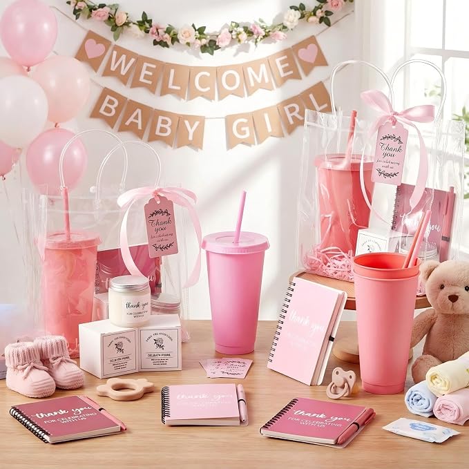 Nuogo 6 Sets New Parent Shower Prizes for Player Winners Adult, Wedding Bridal Shower Gift, Plastic Tumbler Notebook Scented Candle Ballpoint Pen Bag (Gradient Pink,Classic Style)