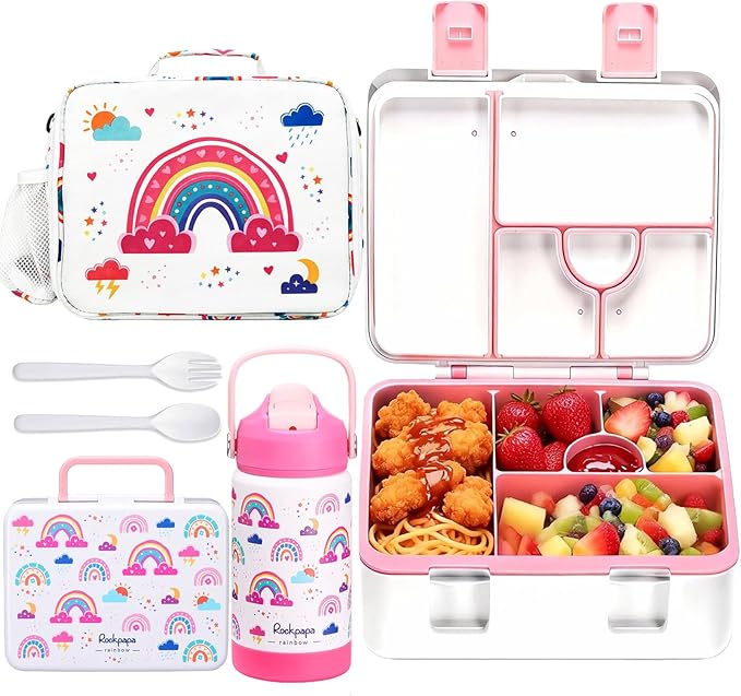 rockpapa Kids Lunch Box Set with 14oz Insulated Water Bottle & Lunch Bag, Leakproof 5.5 Cups Bento Box for School & Children, BPA-Free, Microwave Safe for Boys Girls (White Rainbow)