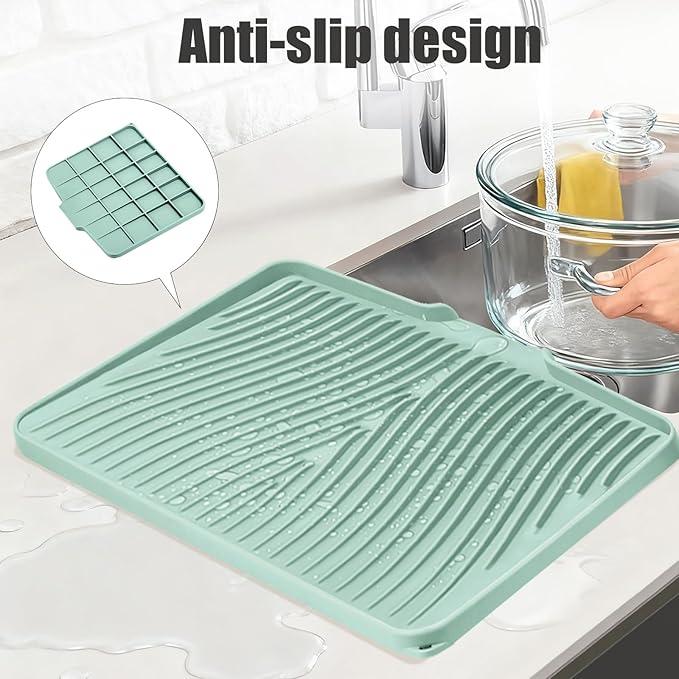 TIKNIK Silicone Dish Drying Mat, Stone Drying Mat for Kitchen Counter with Built-In Drain, Non-Slip Drain Pad with Built-in Drain, Heat Resistant Stone Drying Mat, Hangable, Mint-1pcs, 20" x 15"