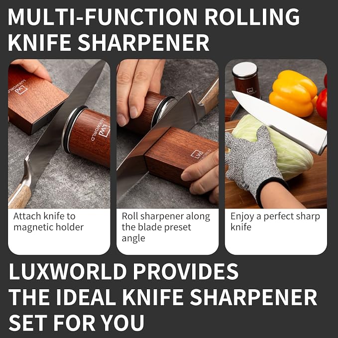Rolling Knife Sharpener | Kitchen Knife Sharpener for Razor Sharp Edges | Diamond & Ceramic Knife Sharpening Kit for Smooth & Precise Cutting | Magnetic Holder with 15° & 20° Guides