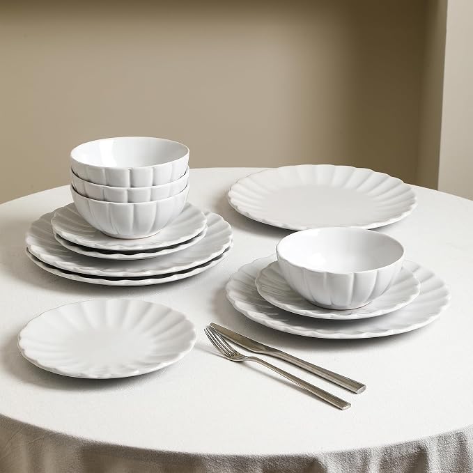 Earth & Clay Phoenix 12-Piece Stoneware Dinnerware Set, Plates and Bowls Set, Dishwasher and Microwave Safe, Dish Set for 4, White