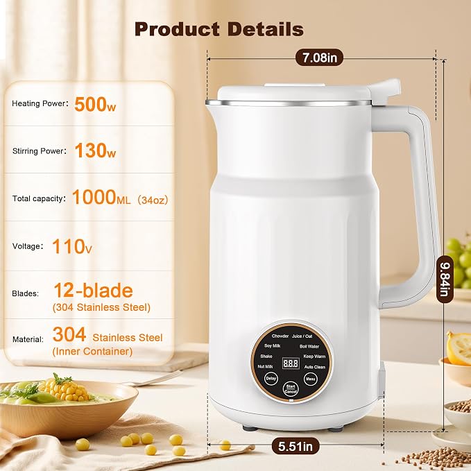 Nut Milk Maker Machine,10 in 1 Automatic Plant Based Milk Maker, 34oz Almond Milk Machine, 304 stainless steel with 12 Blades for Homemade Oat, Coconut, Chowder, Juice, Soy Milk Machine