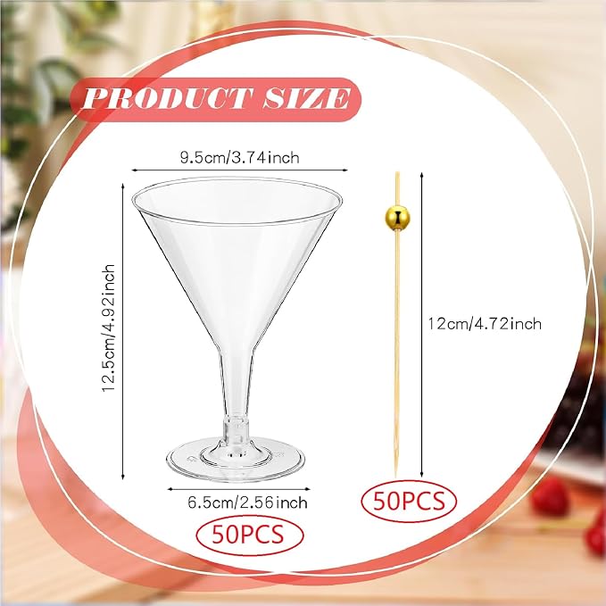 Irenare 100 Pcs 7 oz Plastic Martini Glasses and Cocktail Picks Set Disposable Clear Cocktail Dessert Glasses Unbreakable Mini Cups for Wedding Party Wine Appetizers Food