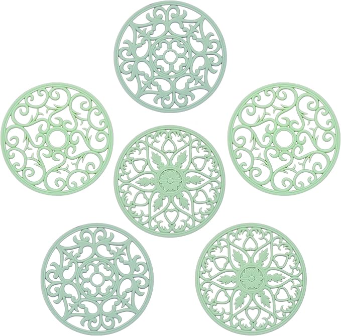 Silicone Trivets for Hot Dishes, Hot Pots and Pans, Modern Silicone Hot Pads for Kitchen, Multi-Use Intricately Carved Trivet Mat for Contertop, Green Round Pot Holders for Table Top Pack 6