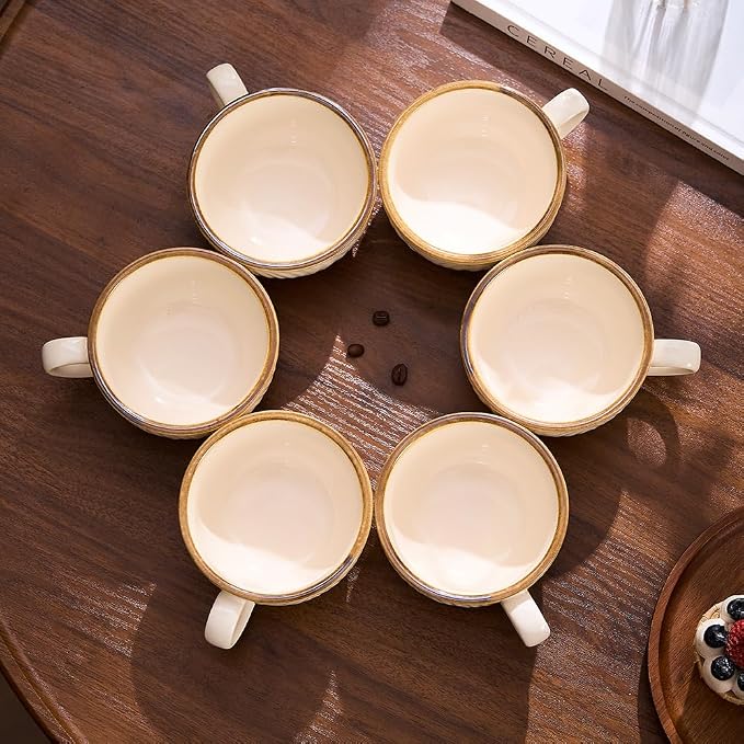 Coffeezone Set of 6 Vintage Design 12 oz Professional Barista Ceramic Latte Art Cappuccino Cups Set (Wave Beige)