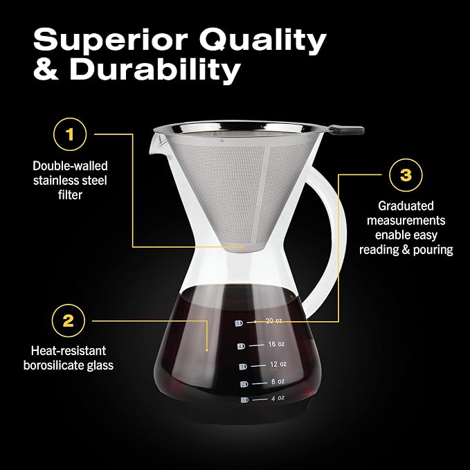 Bean Envy Pour Over Coffee Maker, High-Heat Borosilicate Glass with Reusable Stainless Steel Filter, Glass Coffee Maker (20 Oz)