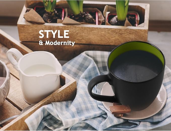 MIAMIO - Set of 6 Stoneware Coffee Mugs 12 Ounce/Cup Set - Le Papillon Collection (Black-Green)