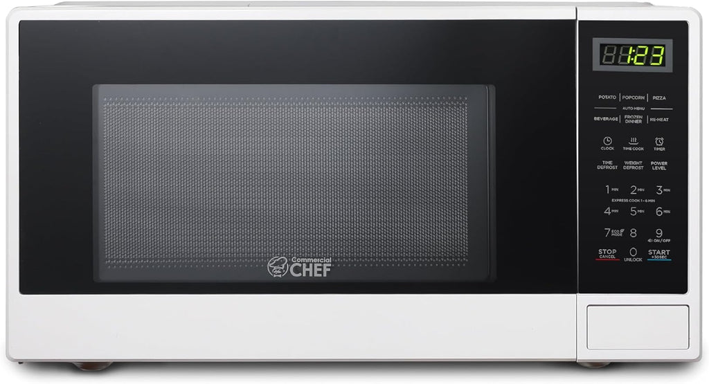 Commercial Chef 1.1 Cu. Ft. Countertop Microwave Oven, Touch Controls with Digital LED Display, 1100W Microwave, Push Button Door, 10 Power Levels, CHCM11100W, White