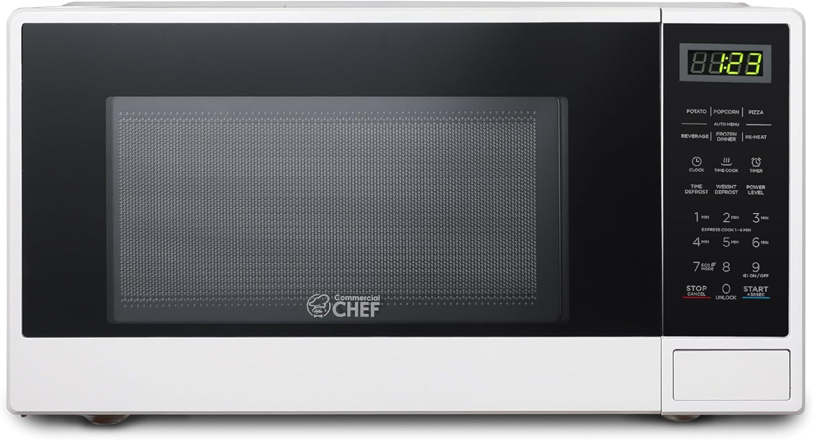 Commercial Chef 1.1 Cu. Ft. Countertop Microwave Oven, Touch Controls with Digital LED Display, 1100W Microwave, Push Button Door, 10 Power Levels, CHCM11100W, White