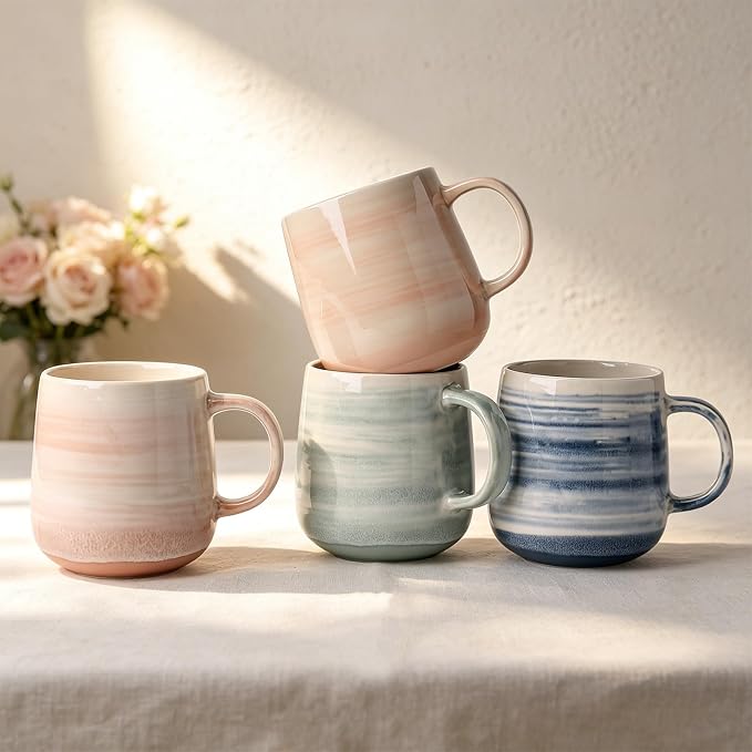 Coffee Mugs Set of 4, 12 oz Mugs Set, Ceramic Coffee Cups with Large Handles, Pastel Gradient & Striped Designs， Dishwasher and Microwave Safe Mugs for Coffee, Tea, Milk