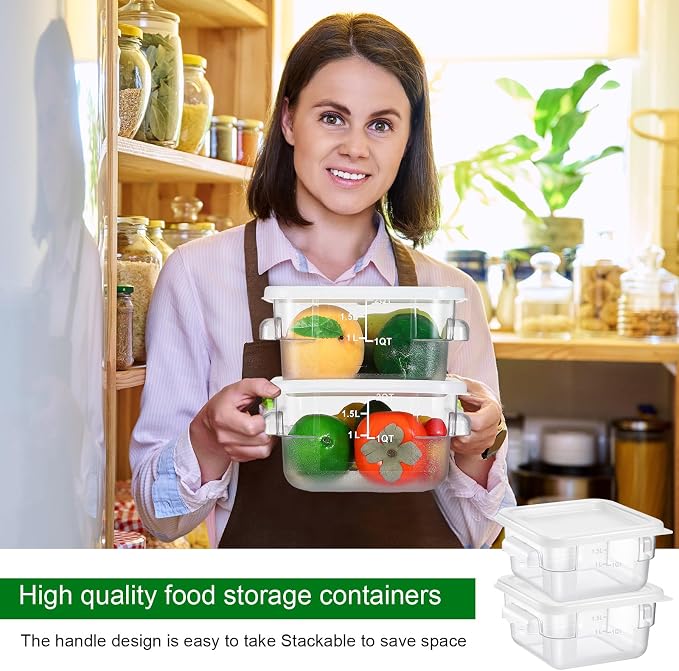 FoldTier 2 Pieces Square Food Storage Containers Polycarbonate Clear food Container with Lid Commercial Storage with Graduations for Commercial Kitchen Dough Marinating Meat(White,2 Qt)