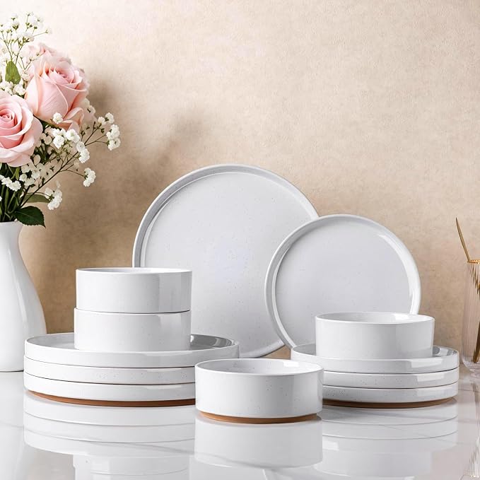 AmorArc Ceramic Dinnerware Set for 4 | Speckled Stoneware Plates and Bowls with unglazed terracotta | Scratch Resistant, Dishwasher & Microwave Safe Dishes Sets- 12-Pcs Milk White