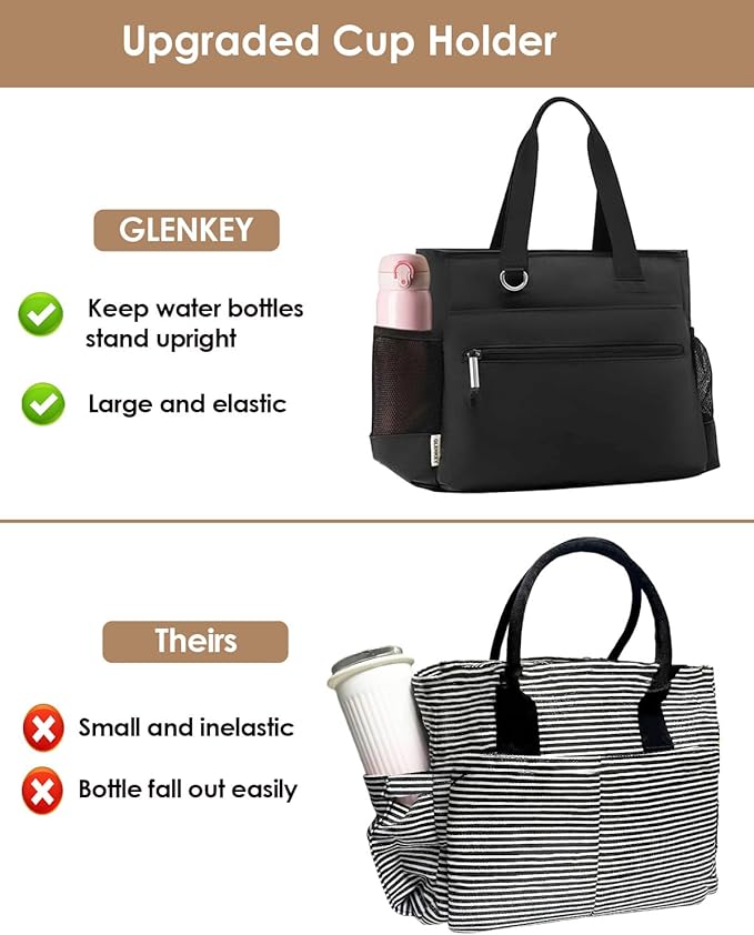 GLENKEY Insulated Lunch Box Lunch Bag Tote - Large Leakproof Cooler Bags for Women - Soft Lunchbox for Adults Work Shift Picnic Travel Black 10L