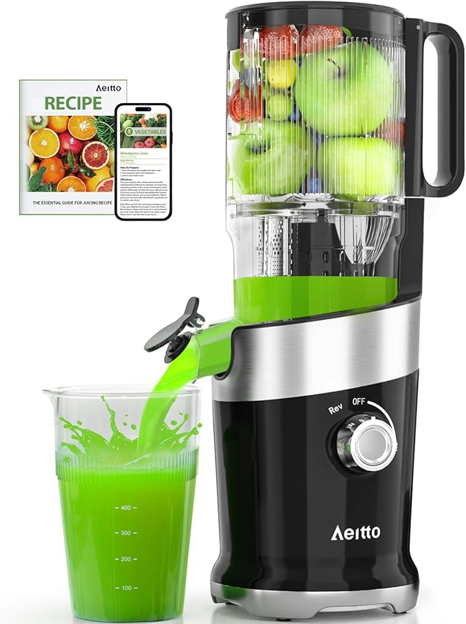 Cold Press Juicer For Whole Fruits, Aeitto Juicer Machines with Large Feed Chute, Self Feeding Juice Extractor Machine, Easy to Assemble, Easy to Clean & Use, High Juice Yield