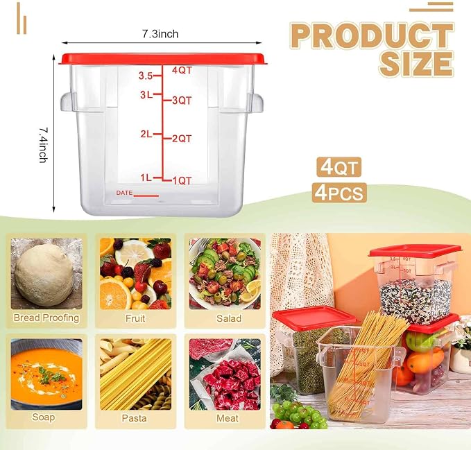 Maxcheck 4 Pcs 4qt Food Storage Container with Lids Bulk Clear Plastic Commercial Food Storage Bins with Scale Handle Space Saving Restaurant Tubs for Kitchen Prep Proof Dough(Red)
