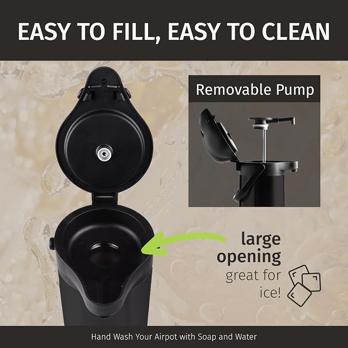 Airpot Coffee Carafe Dispenser with Pump, Black | 12 Hours Hot Water Retention, 36 Hours Cold Retention, Thermal Carafe for Hot Drinks, One-Handed Dispensing