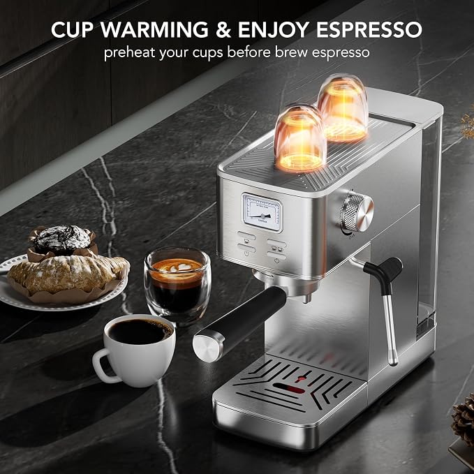 COWSAR Espresso Machine 20 Bar, Compact Espresso Maker with Milk Frother, Visual Pressure Gauge, Commercial Coffee Machine, 47oz Removable Tank/Capsule Funnel, for Cappuccino, Latte, Stainless Steel