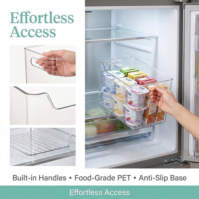 Crystal Clear Freezer Storage Bins, Clear Plastic Storage Bins for Refrigerator and Pantry, Stackable Freezer Organizer Bins with Handles, Versatile for Kitchen, Bathrooms, Cabinets (8 Small)