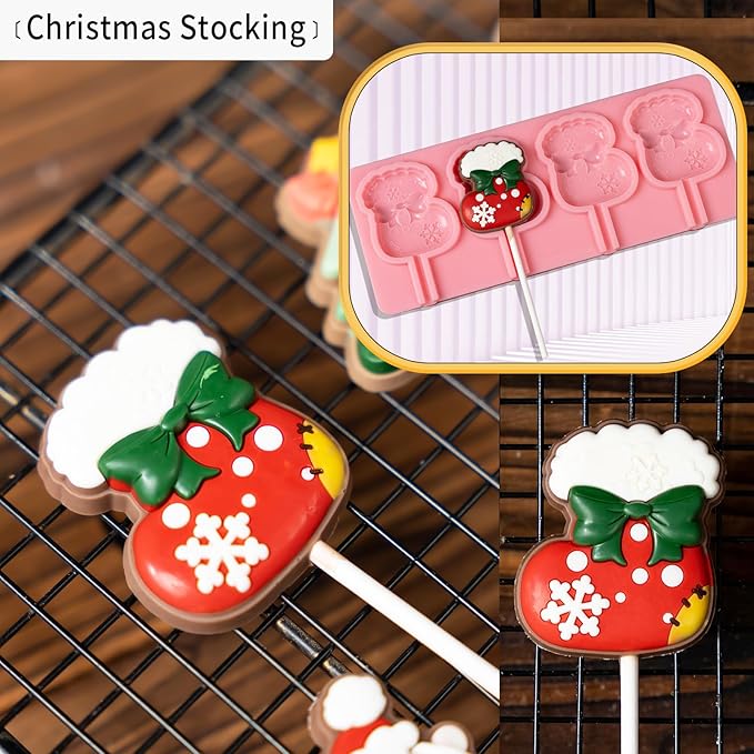 KALAIEN 4 Pack Christmas Lollipop Molds Set, Christmas Silicone Molds Candy Gummy Mold for Chocolate with 100pcs Lollypop Sucker Sticks