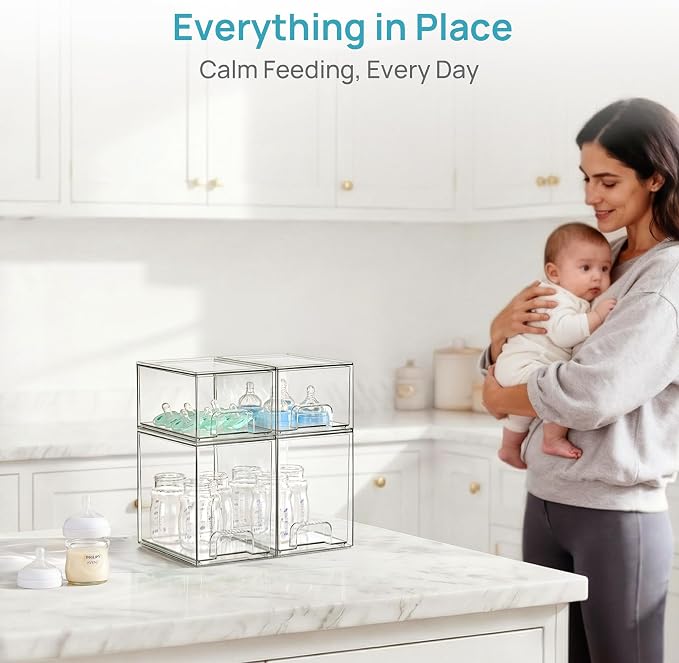 Vtopmart 4 Pack Baby Bottle Organizer Set, Stackable Storage Drawers Ideal for Kichen Countertop, Vanity, Bathroom, Cabinet, Pantry Organization